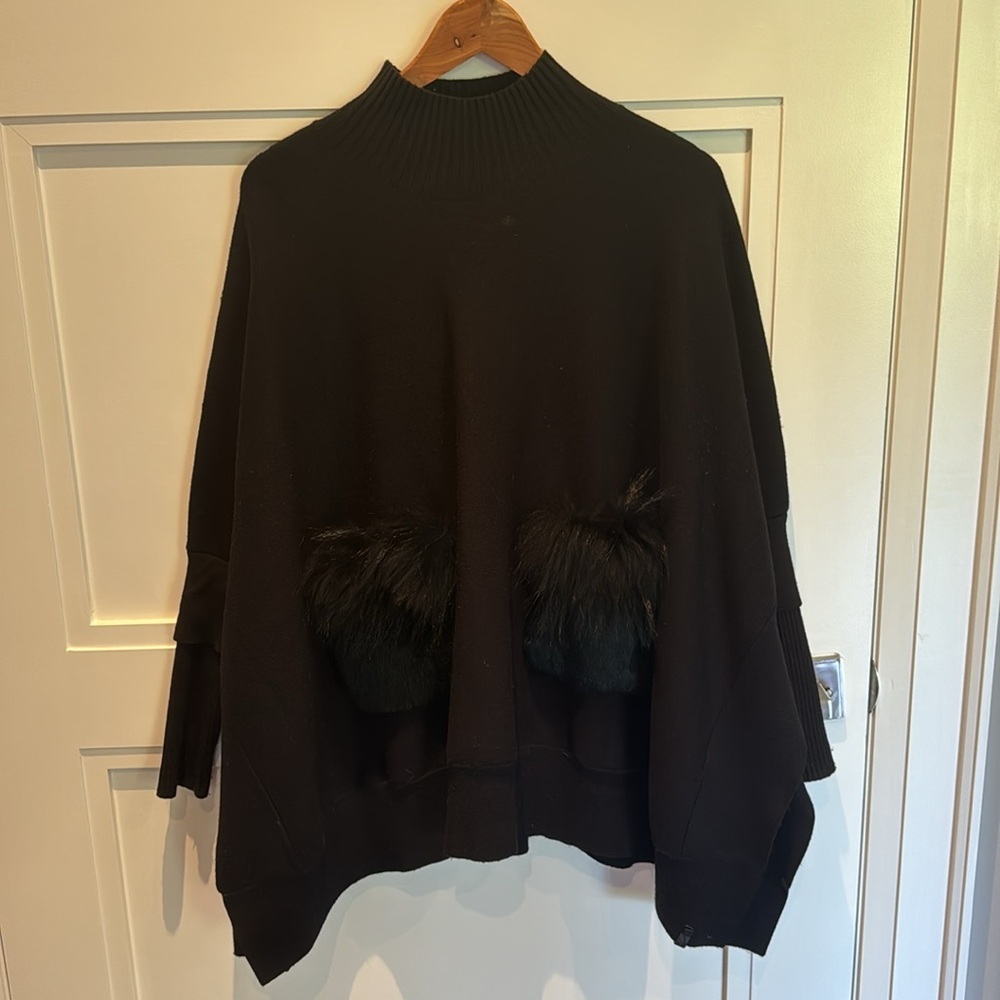 Rudsak Black Poncho/Sweater with Sleeves and Black Rabbit Fur Removable Pockets
